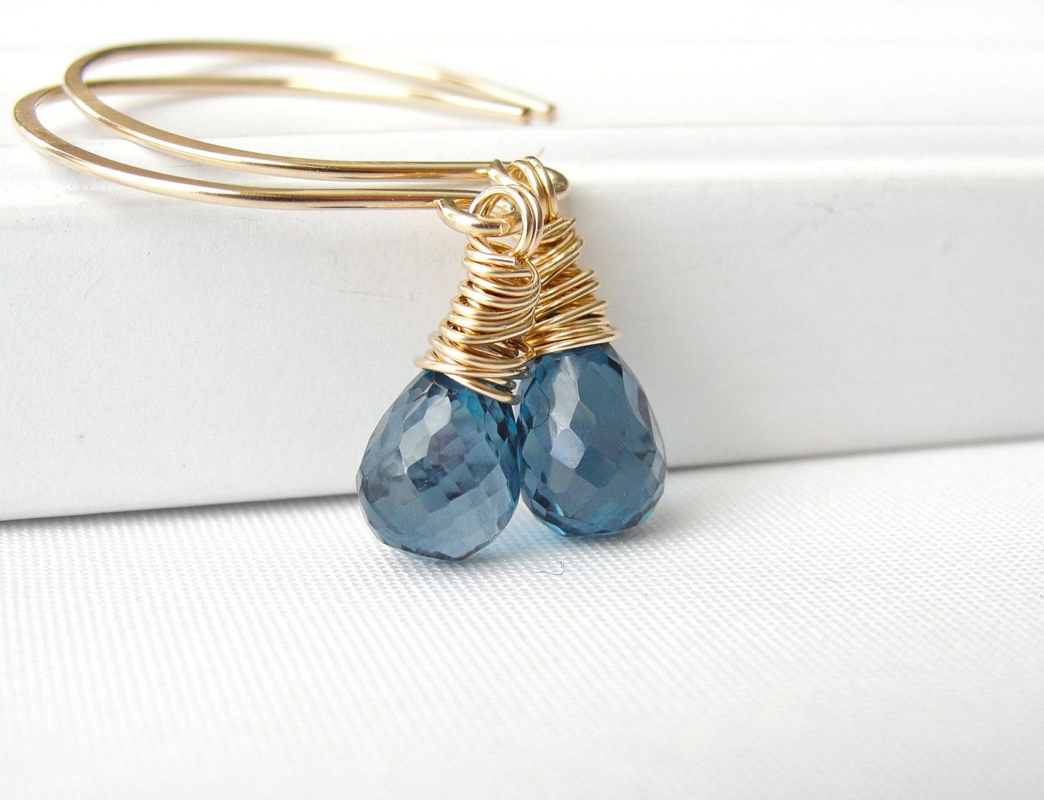 Handmade London Blue Topaz Earrings in Gold Fill, Wire Wrapped Briolette, December Birthstone Jewelry