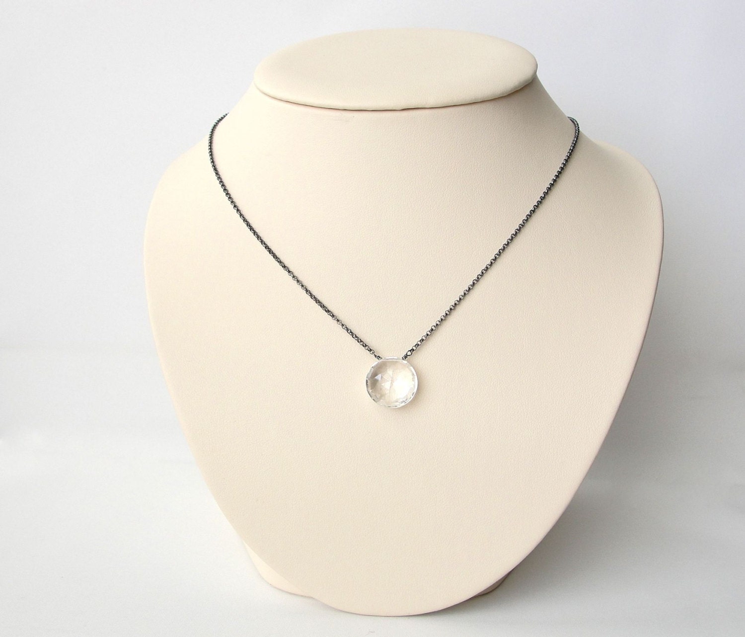 Clear Gemstone Necklace in Oxidized Sterling Silver, Colorless Solitaire, Simple Semiprecious Jewelry