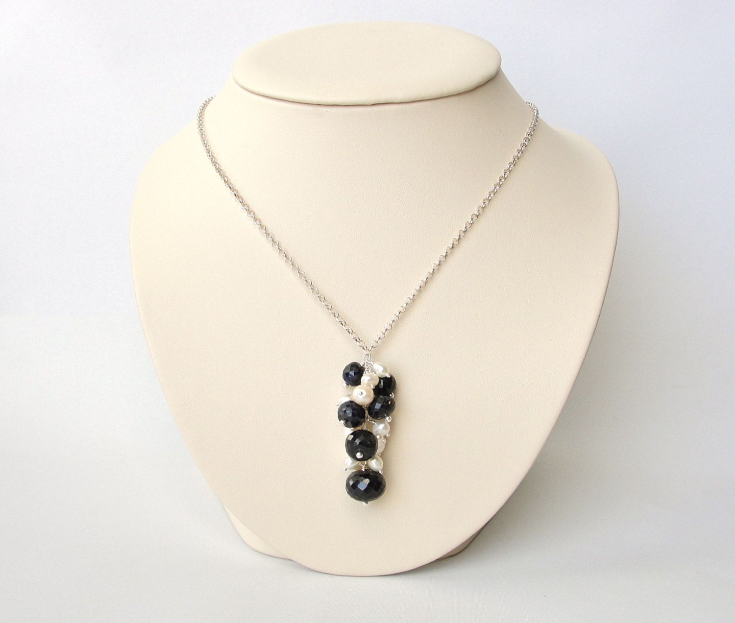 Sapphire and Pearl Necklace in Sterling Silver, Cluster Drop Necklace, September Birthstone Jewelry