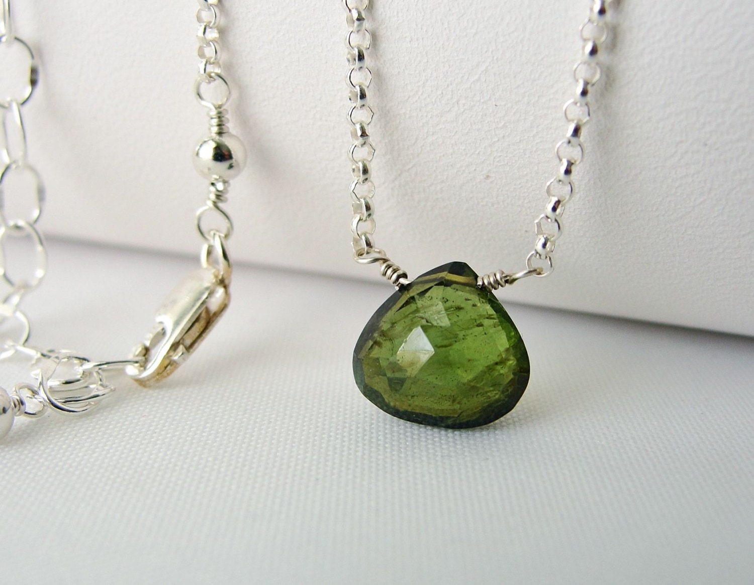 Green Tourmaline Necklace in Sterling Silver, Delicate Gemstone Solitaire Necklace, Simple Jewelry, 16 18 Inch