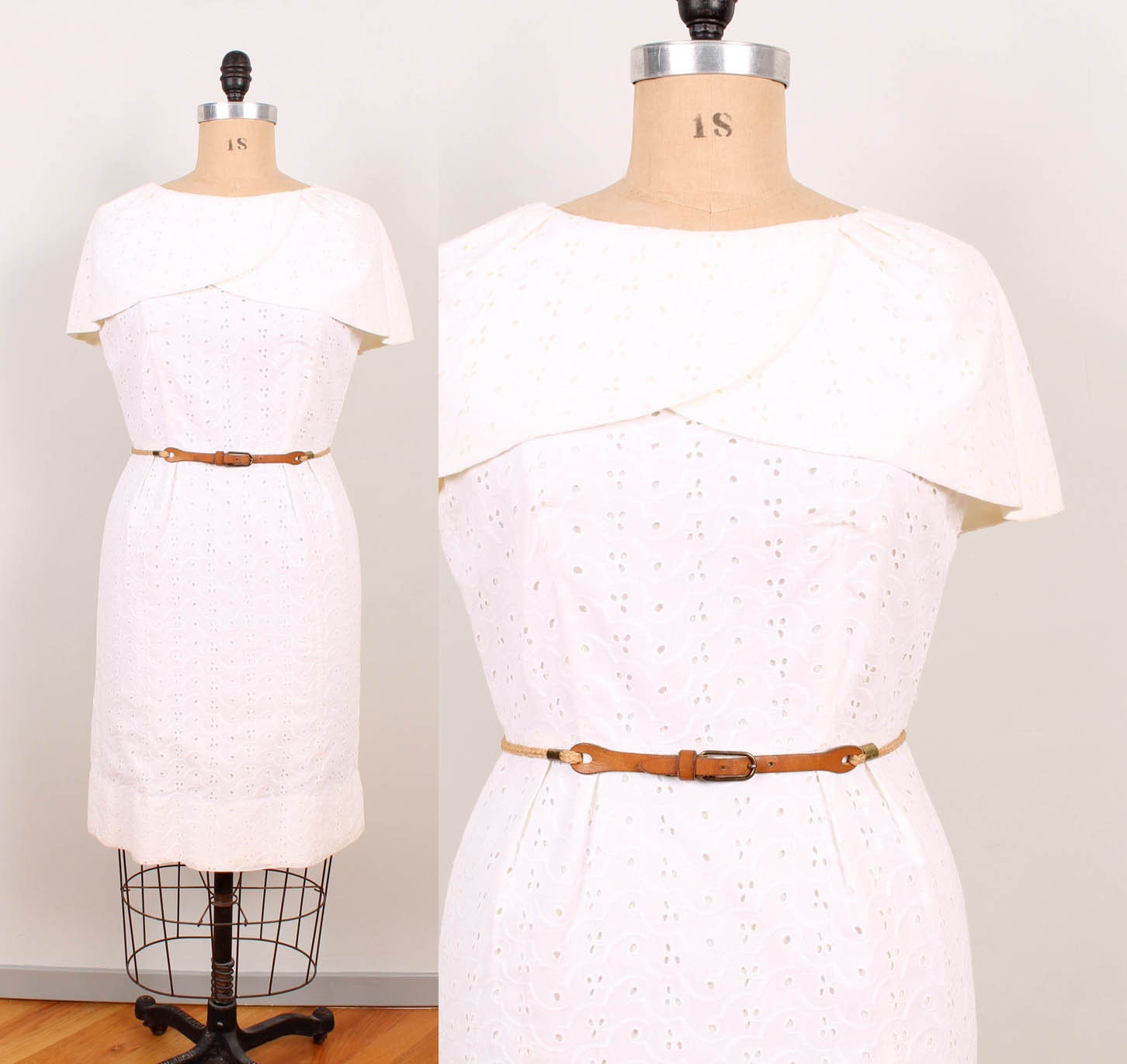 50s / 60s White Eyelet Dress - Womens L / XL - Wide Collar Capelet Lace Dress Handmade 1950s 1960s Lacy Summer Frock White Cotton