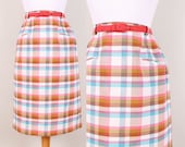1960s Plaid Skirt - Womens M - High Waisted Preppy Cotton 60s Pencil Skirt Carol Brent White Brown Chartreuse Pink Sky Blue High Waist
