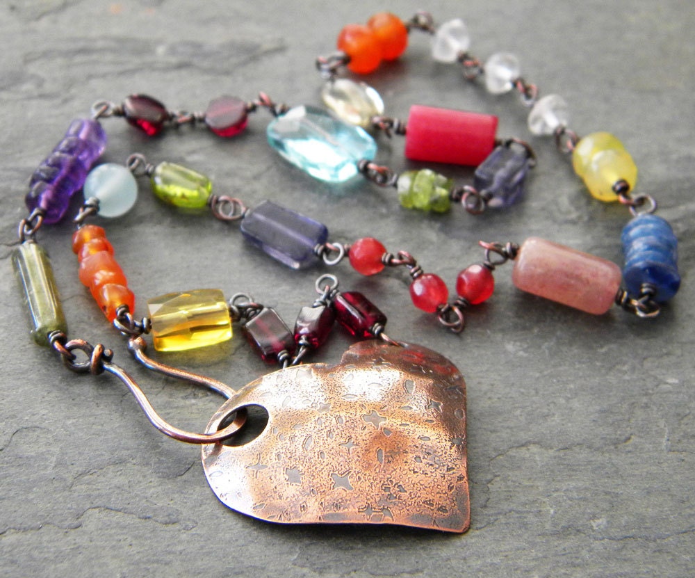 Multicolored Gemstone Copper Necklace Rainbow Red Orange Yellow Blue Green Purple Aqua Pink Clear Whimsical Copper Heart Artisan Jewelry