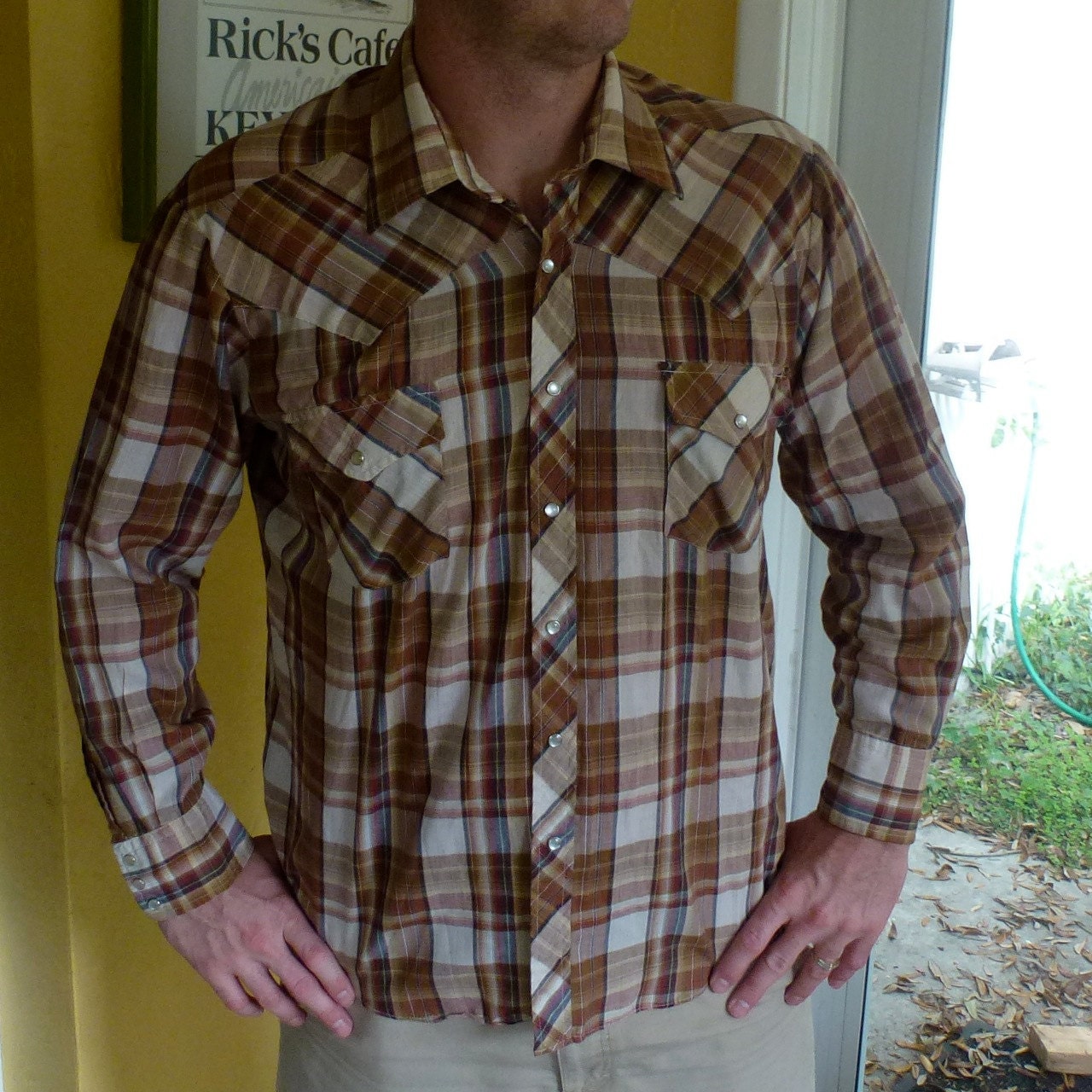 1980s western pearl snap long sleeve tan plaid shirt- size medium/large