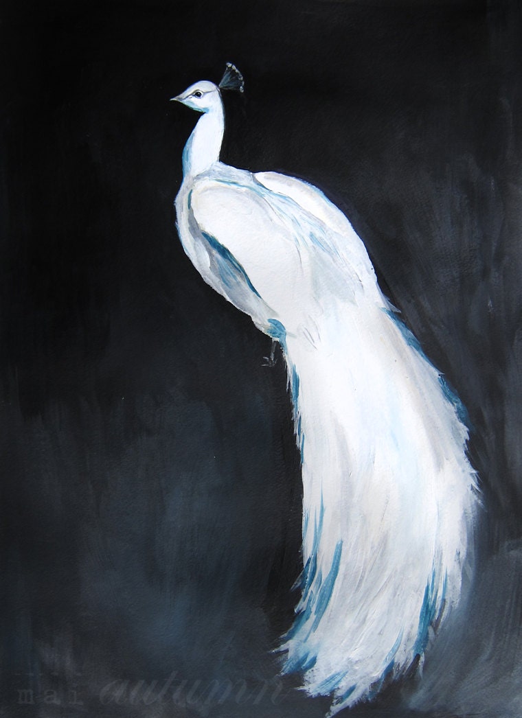 30% Off SALE - White Peacock II - Acrylic Painting - Illustration - Wall Decor - 8x10 Print - Bird Art - Animal Art