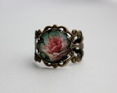 SHOP SALE- Vintage Inspired Victorian Rose Filigree Ring. Pink. Green TurquoisSHOP