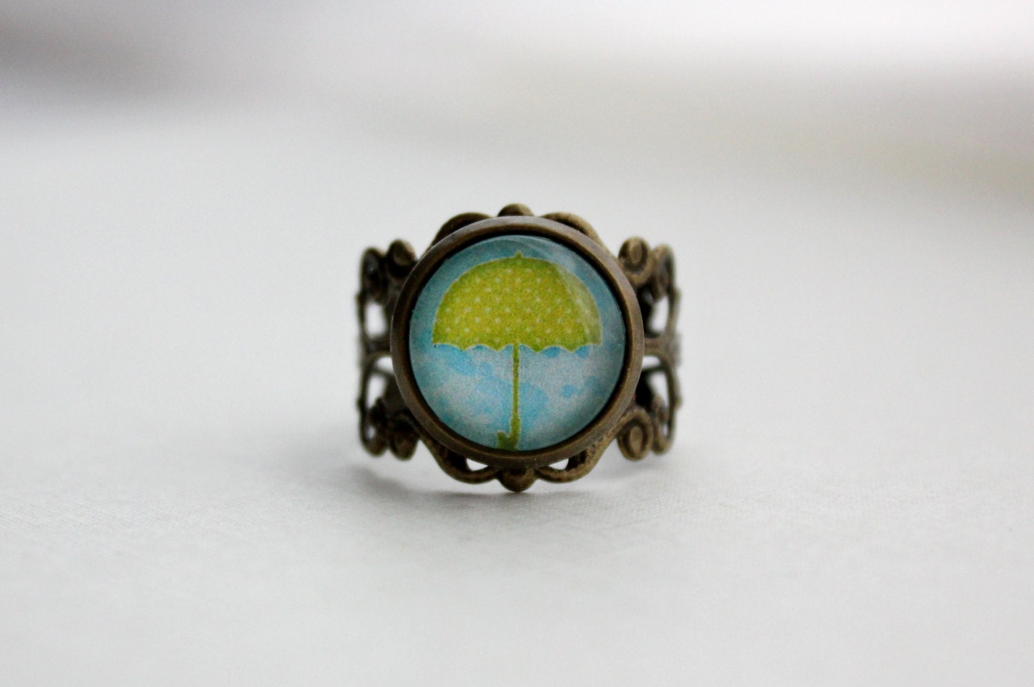 SHOP SALE- Rainy Day Umbrella Filigree Ring. Weather. Green. Blue. Adjustable.