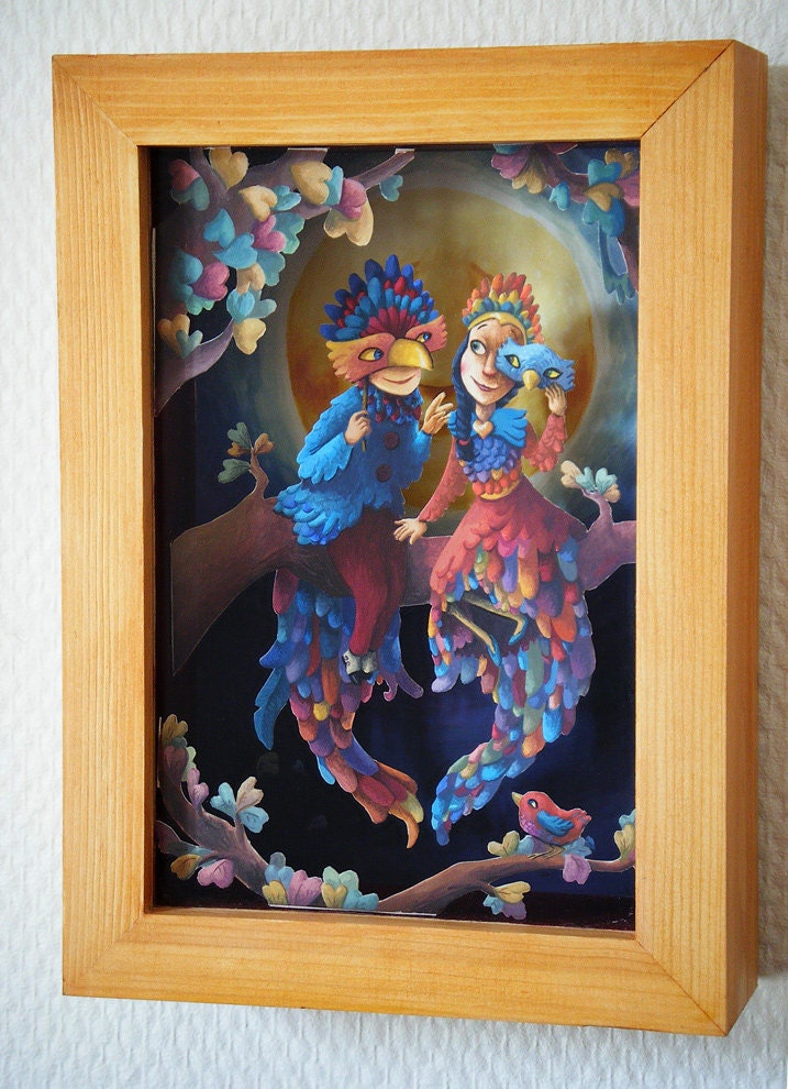 Lovebirds - an original gouache and papercut