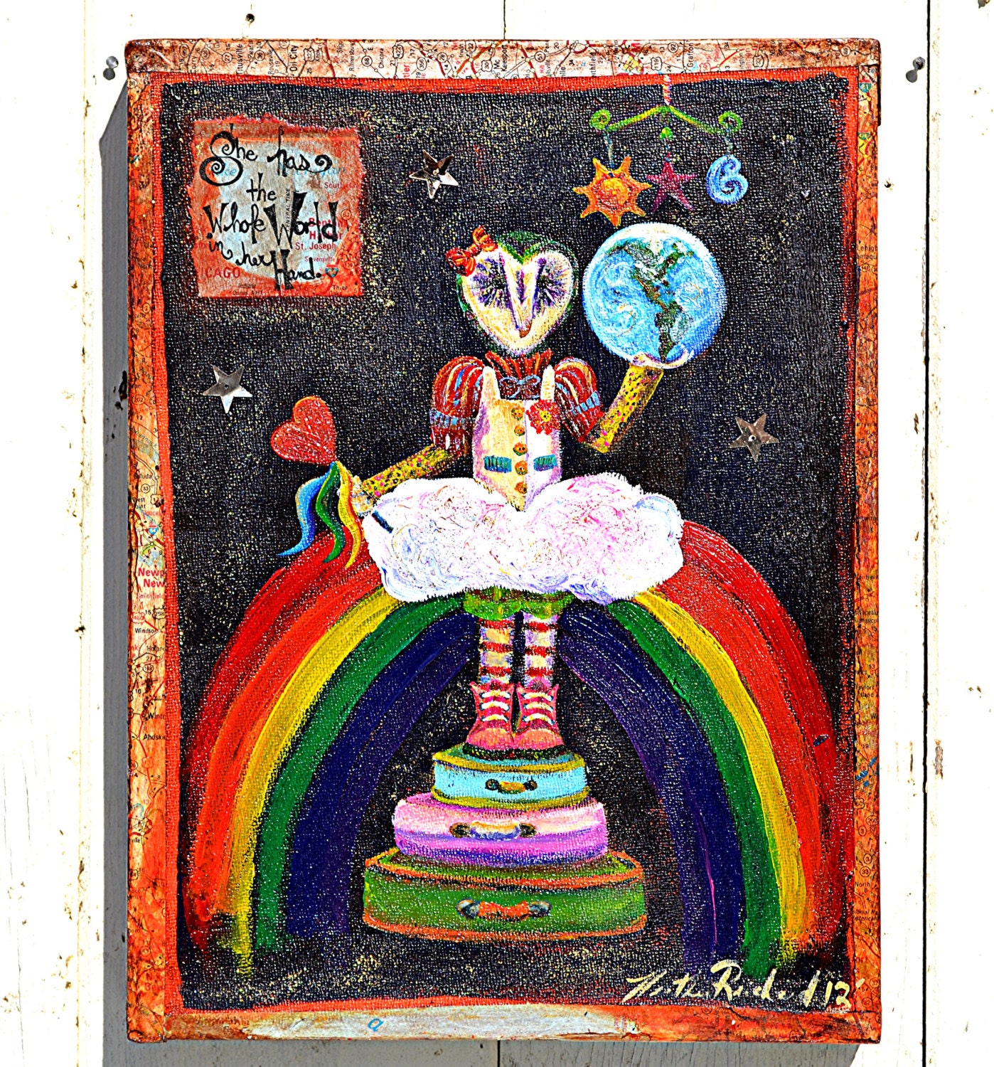 Original Folk Art Acrylic Painting She Has the Whole World in Her Hand Whimsical Colorful Barn Owl Girl Hearts Stars Rainbows and Sunshine