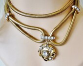 Necklace - 1980s - Disco - Coil - Moroccan - Cosmic - Statement - Snake - Faux Diamonds - Goldtone - Astronomy - Rosette