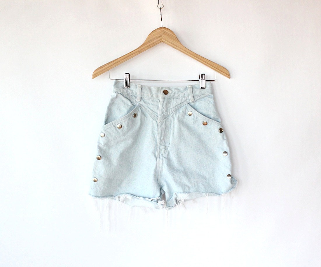 Vintage 80s Light Blue Denim Silver Studded Cut Offs // High Waisted Shorts