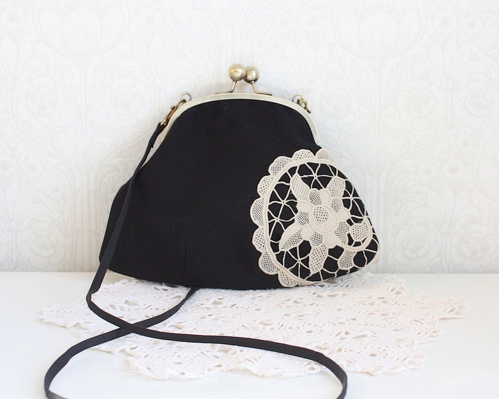 clutch with vintage lace doily, black & ecru