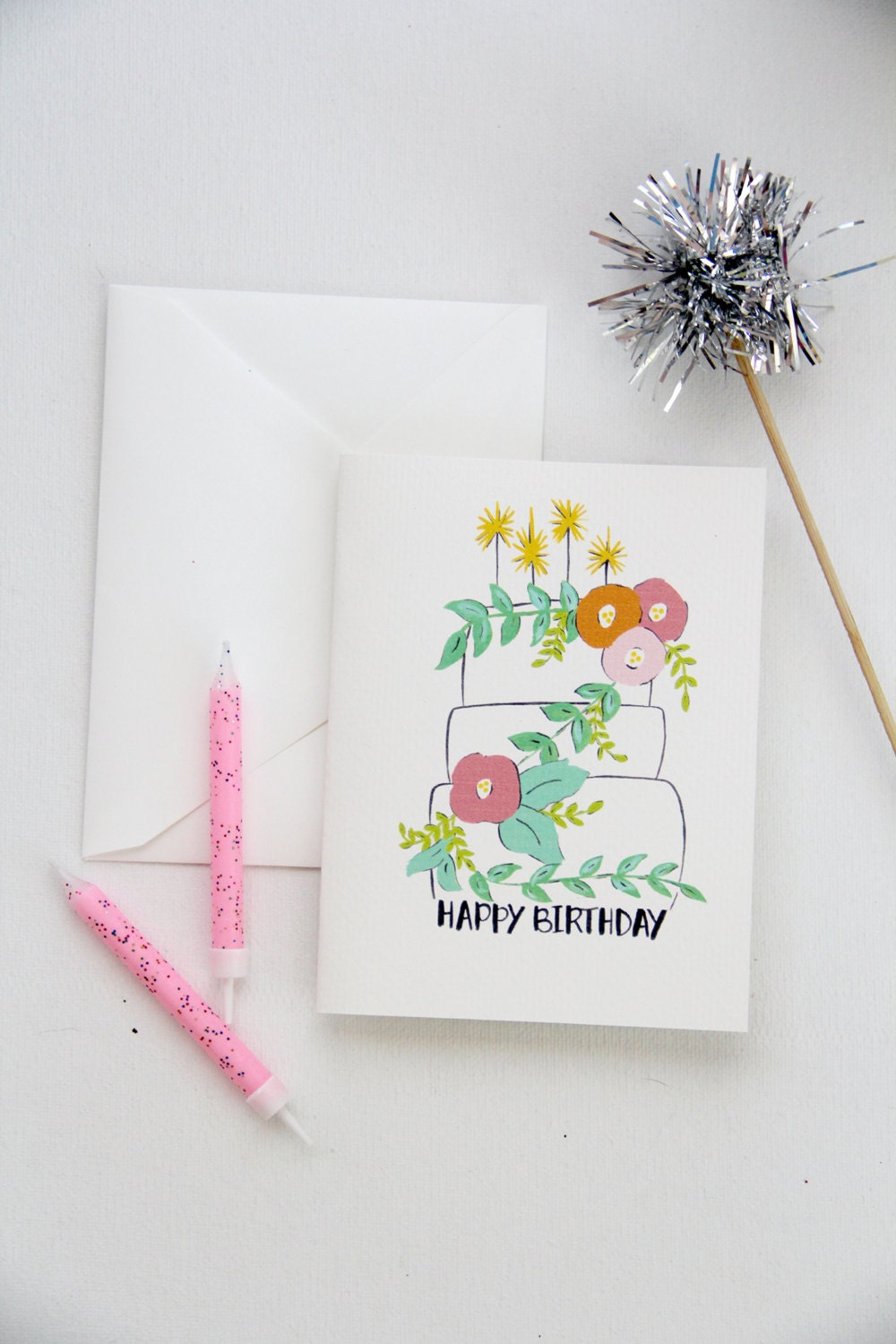 Hand Painted Greetings - Happy Birthday Floral Cake - A2