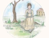 Reading in the garden.  Art print. 5x5 inches. Northanger Abbey. Jane Austen.