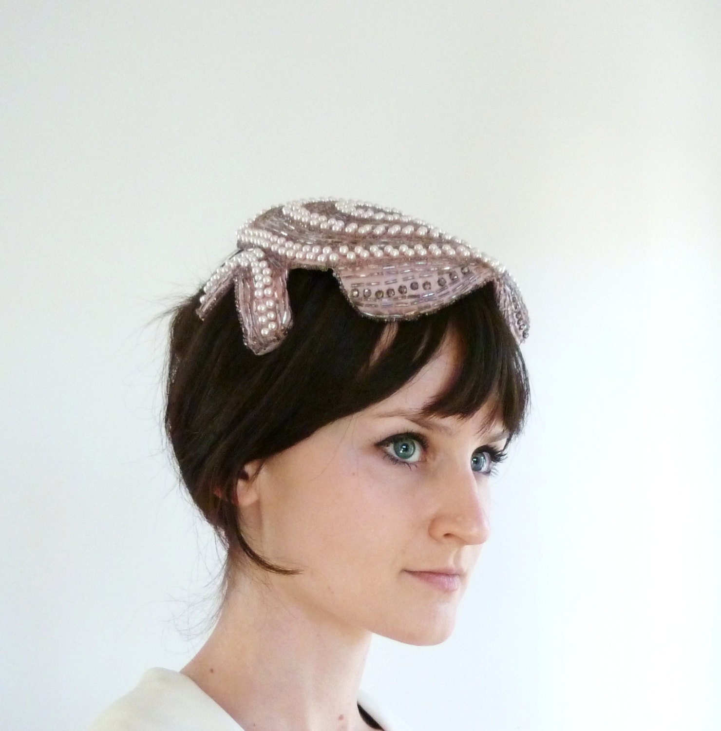 Beaded Juliet Hat Pale Pink 40s Crown Ivory Pearl 1950s Bridal Headband Cap