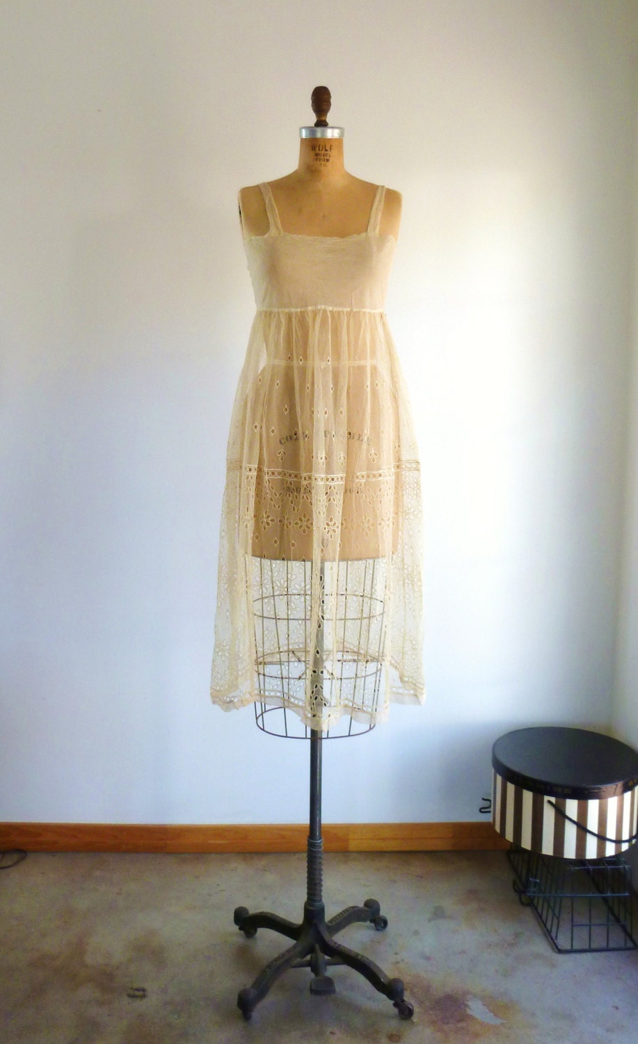 1920s Slip Dress Ecru Sheer Mesh Floral Lace Cutout Antique Lingerie Babydoll Dress XS