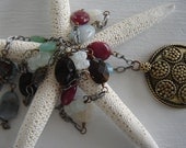 Confetti - Multi Gemstones, antiqued brass pendant with antiqued silver chain - Bohemian style, one of a kind necklace