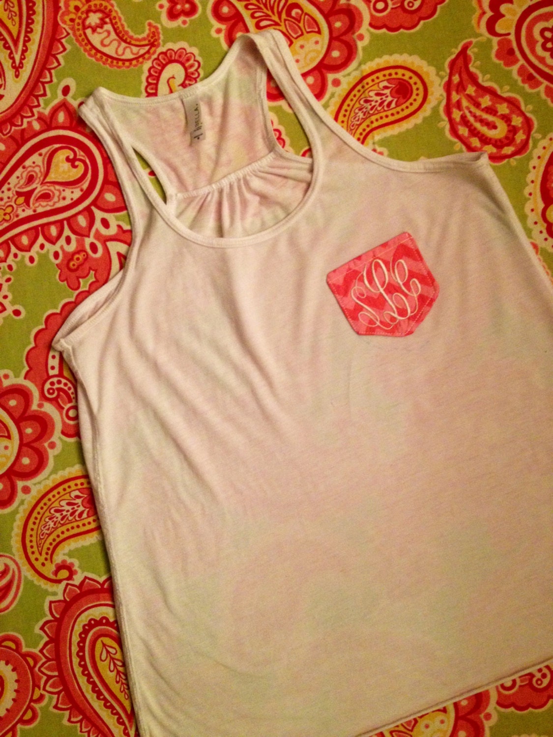 Ladies Monogrammed Pocket Tank. Fabric, Applique, Personalized, Embroidered. For Mom, Bride,summer, spring, beach