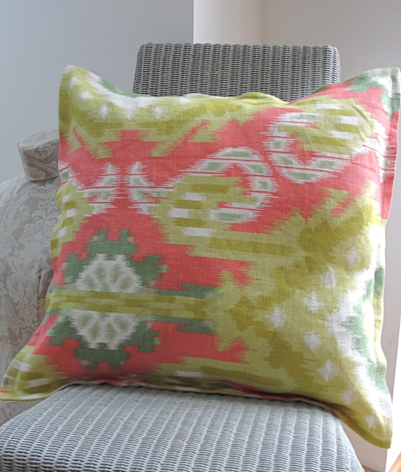 1 X IKAT ECO-FREINDLY Cushion Cover by Fairytale13 - 18 X 18"  pink, green and white