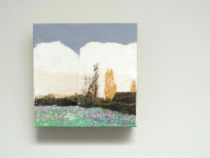Original Painting - Woodland Landscape - Mixed Media Art Collage on Wood - 6x6 trees forest spring garden