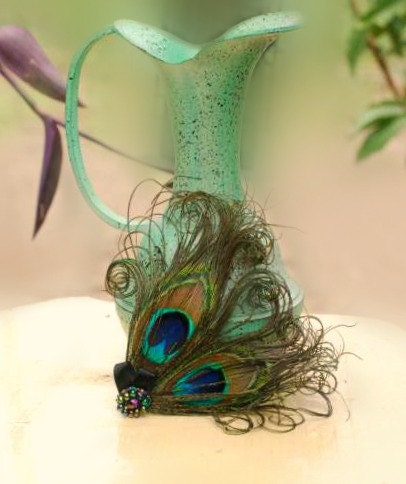 Peacock Duo & Black Bow Hair Clip / Comb. Sparkly Simple Elegant Big Day, Feather Accessory, Feminine Girly Summer Statement Wedding Party