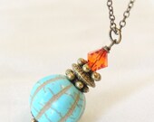 Vintage Style Necklace, Turquoise Howlite and Fire Opal Swarovski Crystal Necklace Pendant, bridesmaids gift, for teacher, mothers day gift