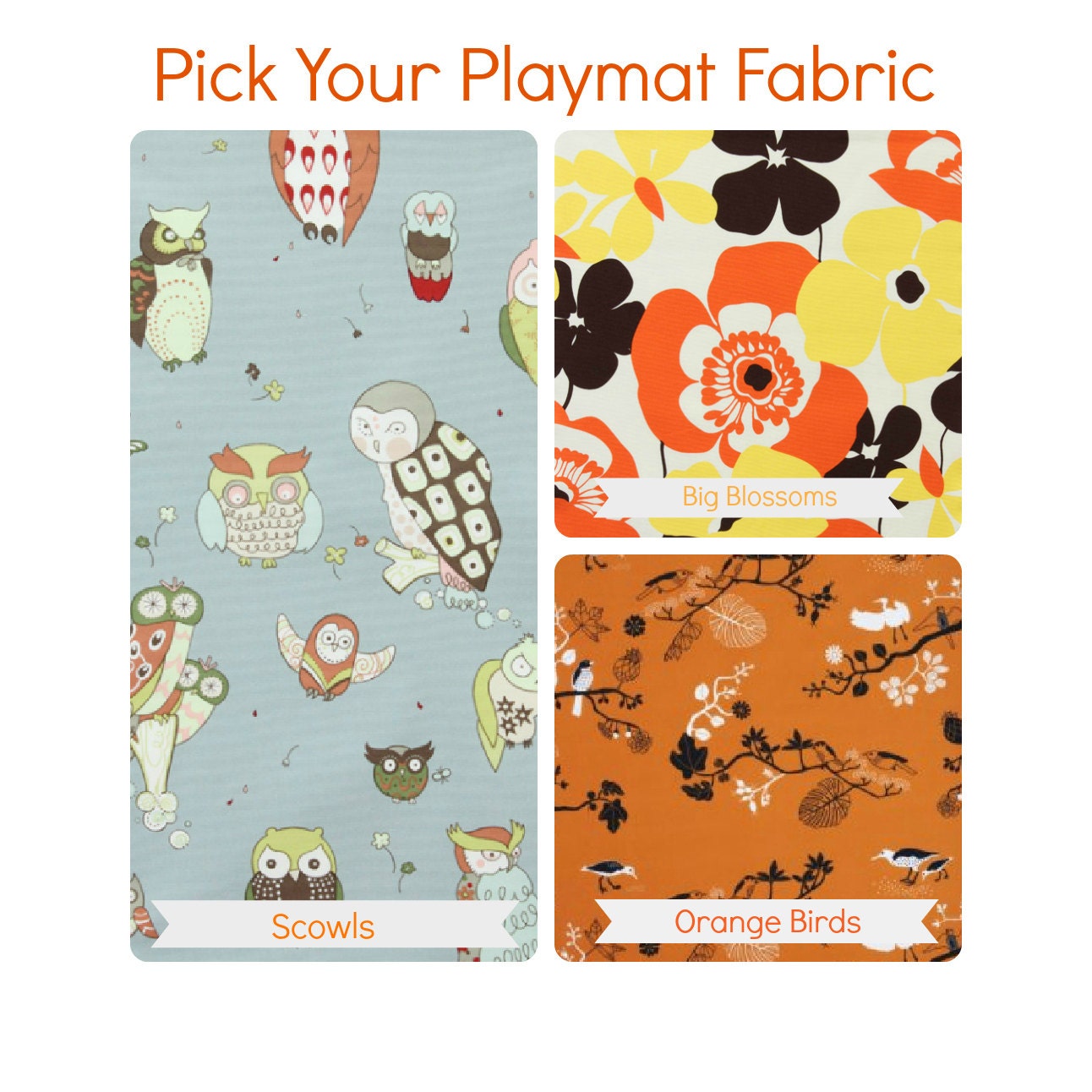 Large Baby Play Mat. Padded Floor Mat for Baby. Custom Fabric. Owls, Birds and Blossoms
