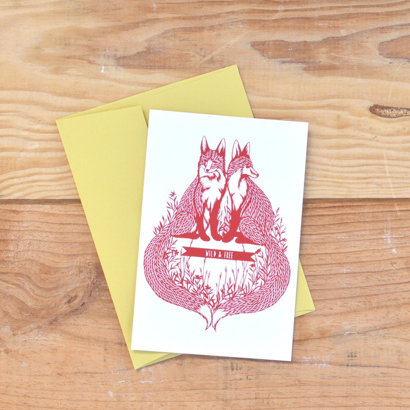 4x6 papercut print postcard . wild & free foxes . with envelope