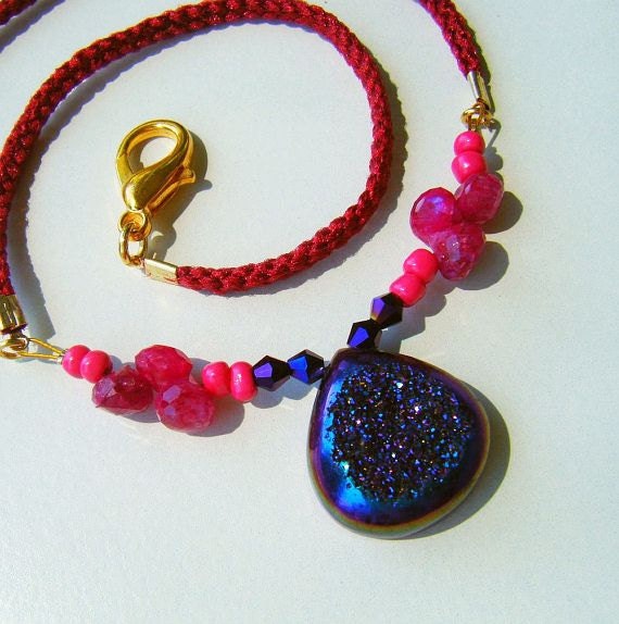 HALF PRICE - Only One - Short Necklace - Purple Titanium Druzy Briolette with Red Wine Cord