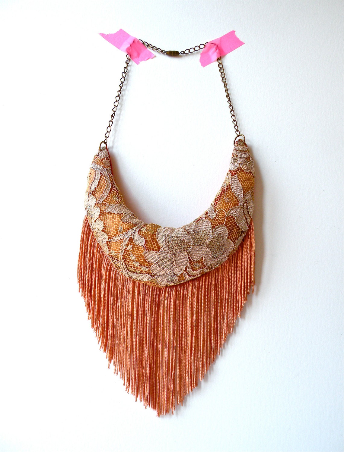Peach salmon pink fringe felt stuffed metallic lace bib statement necklace bridesmaid gift