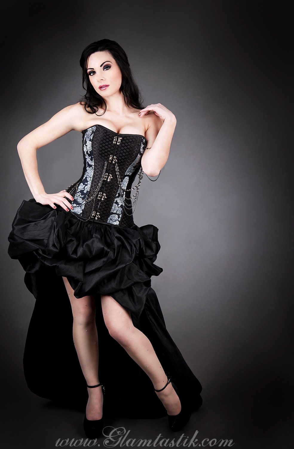 Custom Size  Black and Gray chain Steampunk Burlesque corset with bustled train prom dress