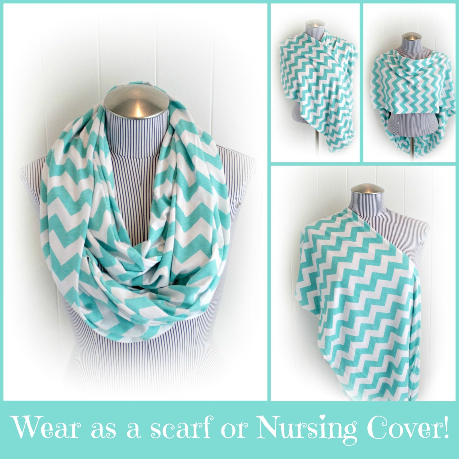 Chevron Infinity Nursing Scarf, Aqua and White Chevron Breastfeeding Jersey Loop Scarf