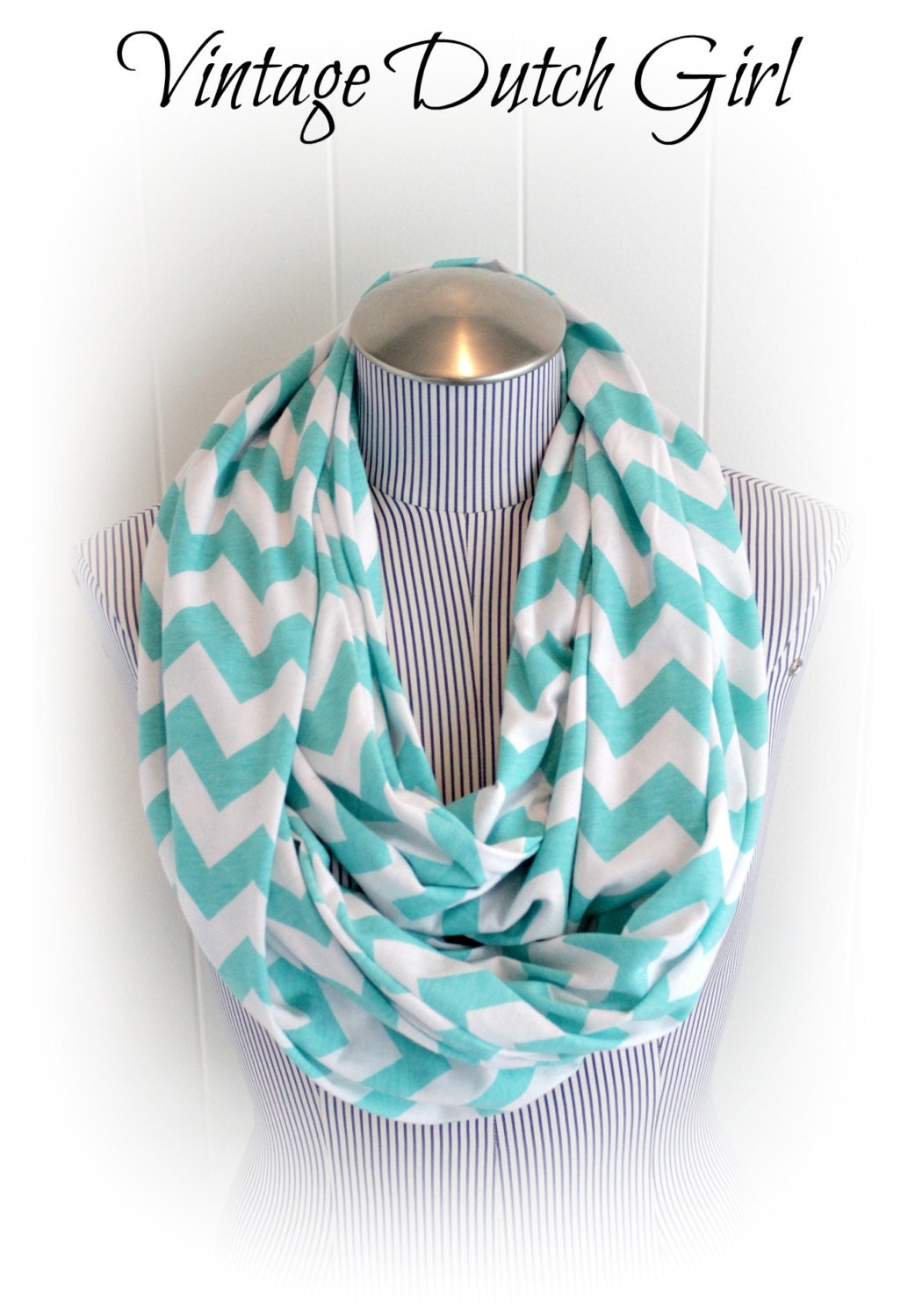 Aqua Chevron Infinity Scarf, Aqua and White Chevron Jersey Loop Scarf