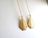 Gold fan drop earrings, raw brass vintage art deco triangle fans on long 14k gold plate fixtures, geometric jewelry, dangle earrings