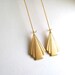 Gold fan drop earrings, raw brass vintage art deco triangle fans on long 14k gold plate fixtures, geometric jewelry, dangle earrings