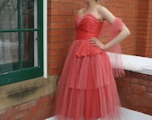 Vintage 1950s Sweetheart Coral Rose Lace & Tulle Prom Party Dress