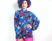 80s Abstract Geo Jewel Tone Print Blouse (M/L)