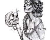 Sugar skull- illustration- Skull- Black and white- Print-portrait- woman