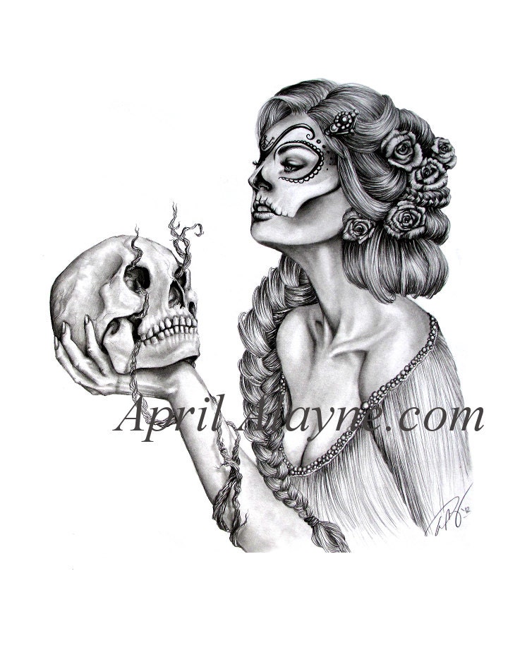 Sugar skull- illustration- Skull- Black and white- Print-portrait- woman
