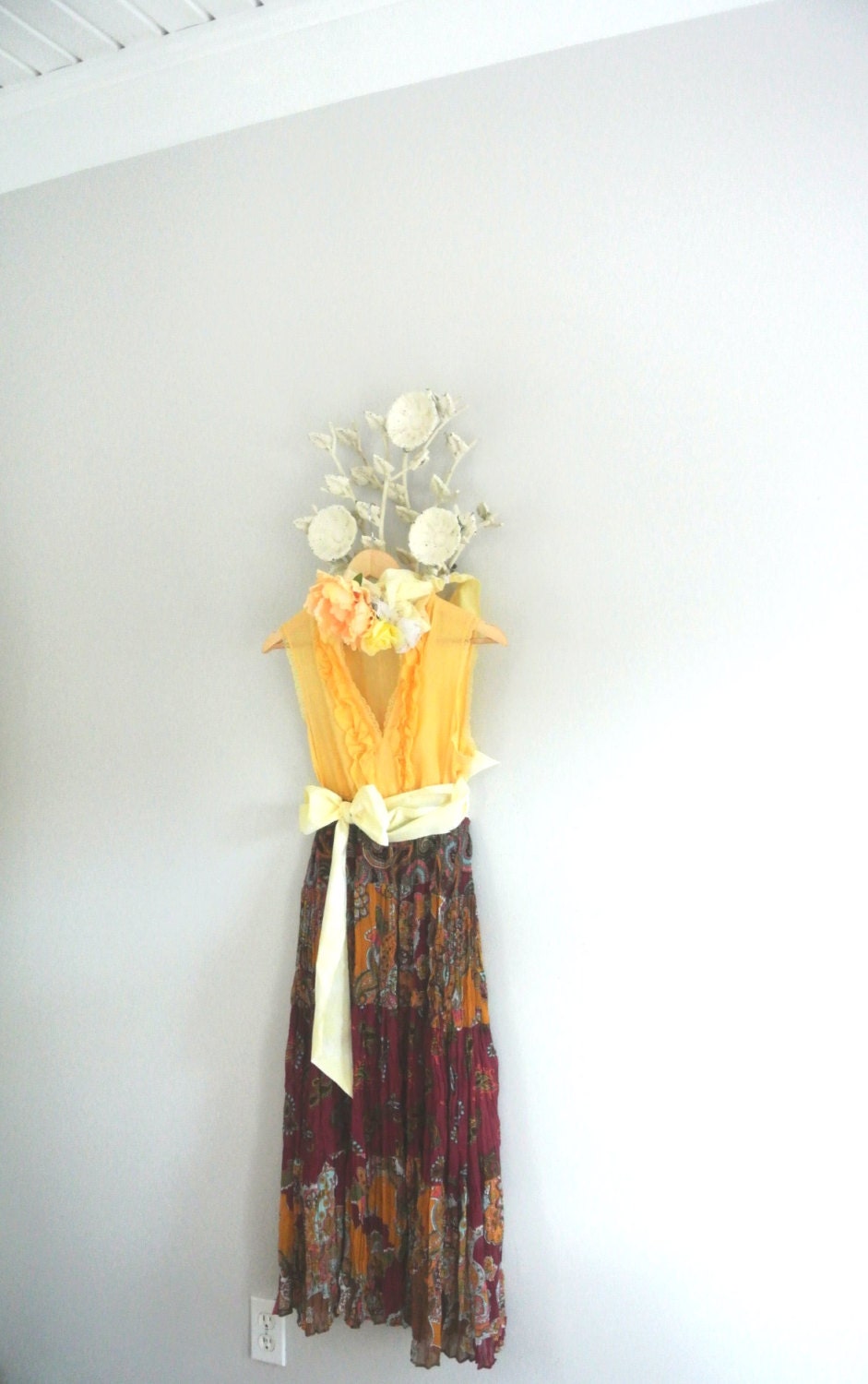 Women's Maxi sundress, Boho chic clothing, country chic dress, romantic cottage chic, yellow, ruffle, True rebel clothing