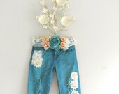 Women's jeans, Embellished, boho crochet jeans, denim, colored jeans, turquoise, gypsy cowgirl glam, True rebel clothing, 2 small