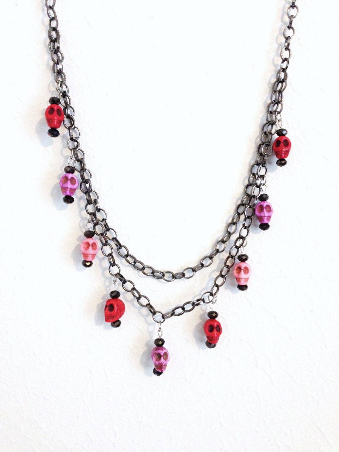 SKULLS Colorful 2 Strand Gunmetal Chain Necklace Earrings Set - Fun Addition to your Jewelry Wardrobe - Howlite Turquoise