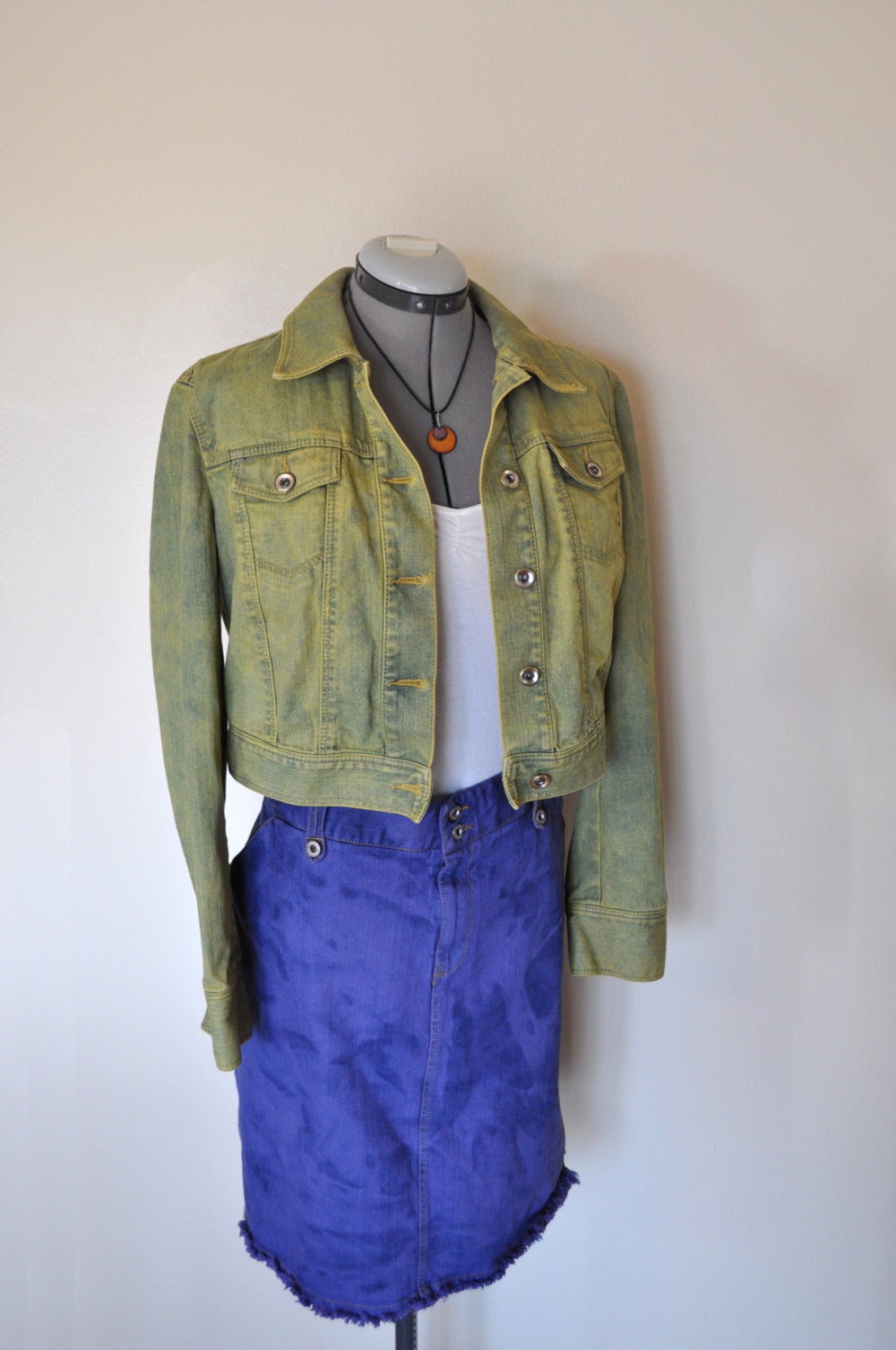 Sage Denim JACKET - Sage Green Hand Dyed Upcycled Loft Cropped Denim Jacket - Size 10 Medium (42 chest)