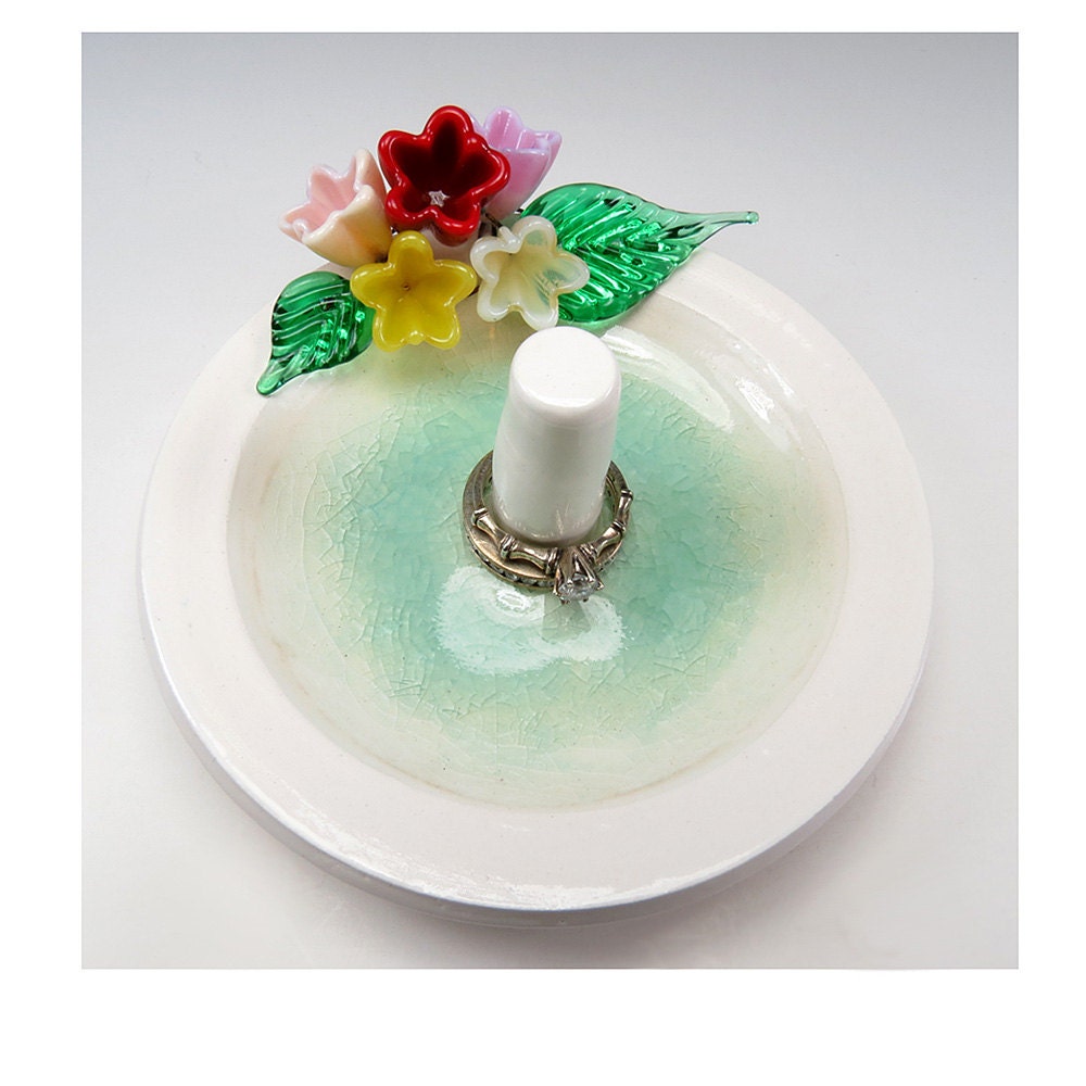 Ring holder, glass flower bouquet wedding ring stand, pottery jewelry dish, Bridal Newlyweds, Mothers Day