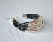 Black Leather Cuff Bracelet with Silver Tube Beads - Multi Strand Bangle Women's Bracelet  ... by  B A L O O S