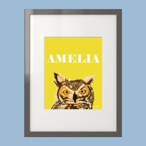 Personalized Owl Art Print in Gold, Blue, and Green- 8 x 10 or 5 x 7