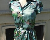 70s style BCBG silk button shirt BOW belt secretary MINT