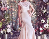 Blush and Ivory Trumpet Lace Bridal Gown, French Lace Scalloped Bateau Illusion Neckline, "Julie-Celeste" from Schone Bridal
