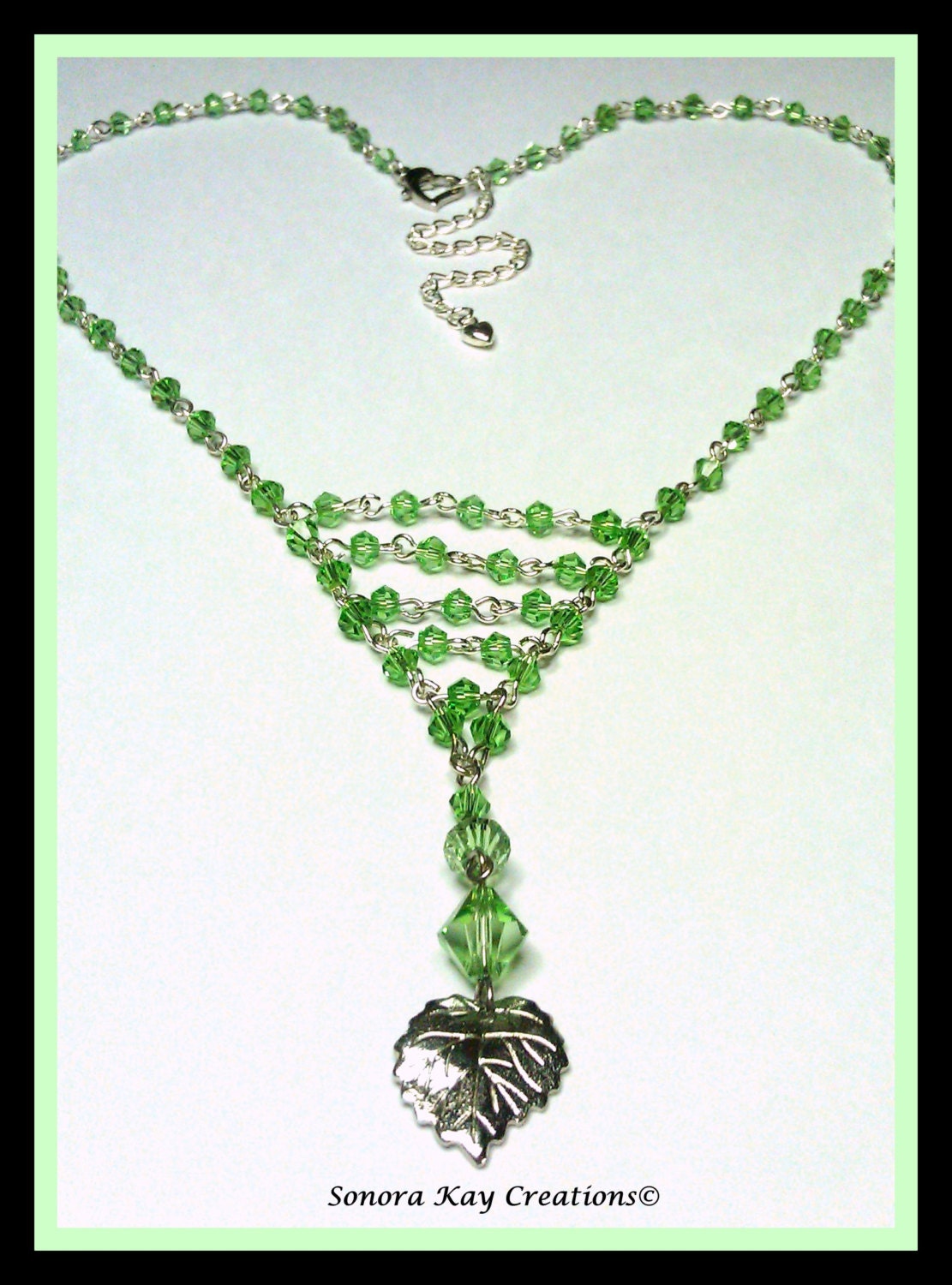 Wire Wrapped Peridot Green Glass Necklace and Earring set