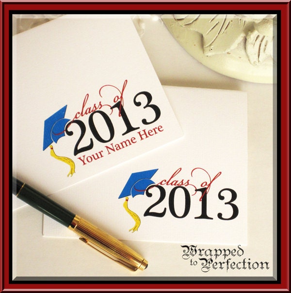Graduation Thank You Cards / 10 Note Cards / Class of 2013 / Personalize / Graduation Cap / Blue Red Yellow / Blank Note Cards